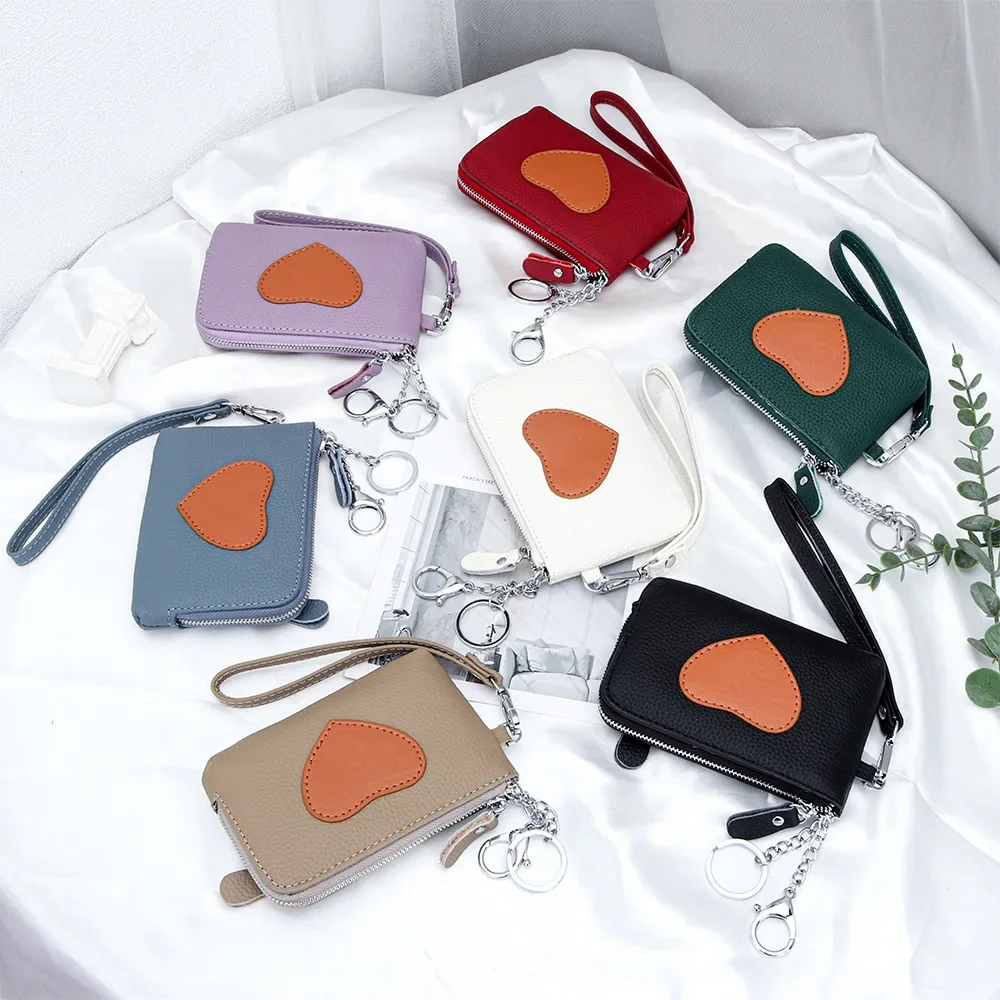 2025 Genuine Leather Heart Coin Purse Women Key Holder Ladies Cute Heart Patch Small Pouch Key Holder Leather Coin Wallet Purse