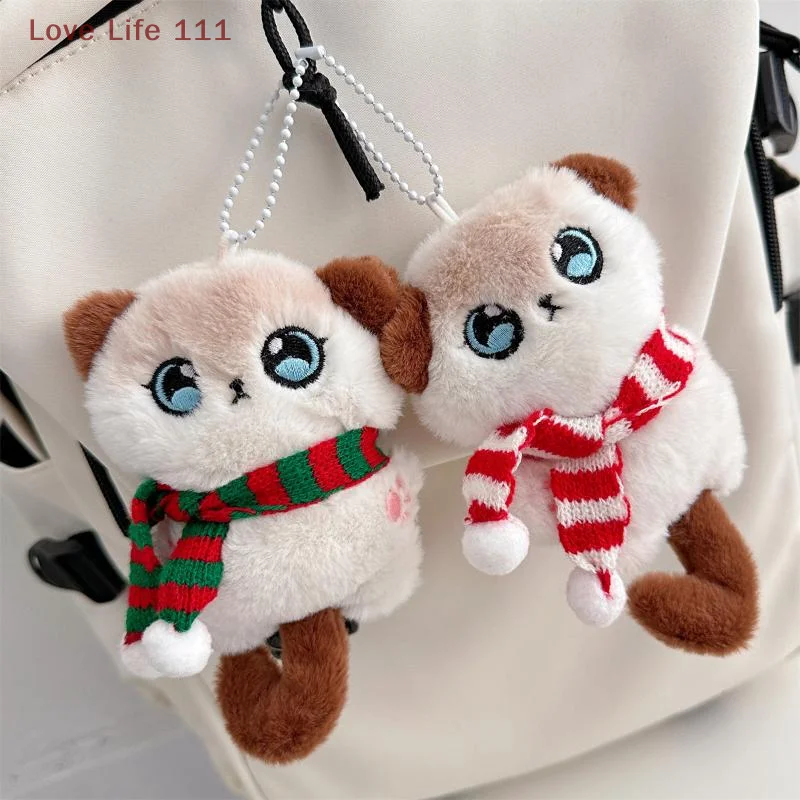 New Cute Cartoon Scarf Tail Kitten Plush Keychain Siamese Kitten Stuffed Doll Backpack Pendant Car Keychain Accessories Gifts