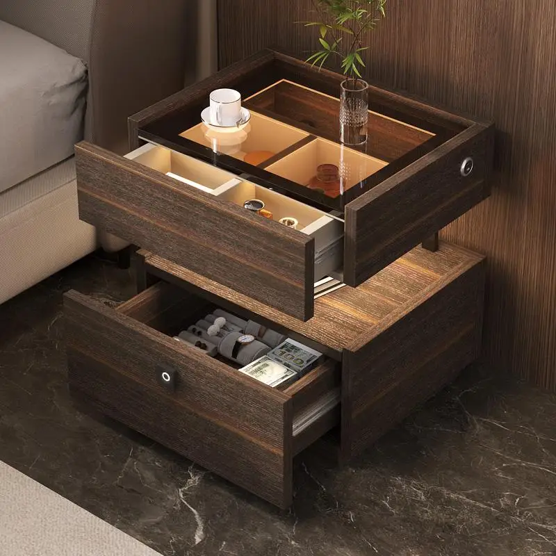 

Italian minimalist bedside table modern suspended solid wood fingerprint lock plus sensor light bedroom advanced smart locker