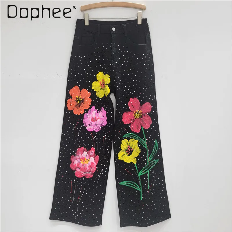 2025 Autumn New Balck Denim Pants Heavy Hand-Painted Flowers Rhinestone Elastic Loose Wide-Leg Jeans for Women Trendy Pants