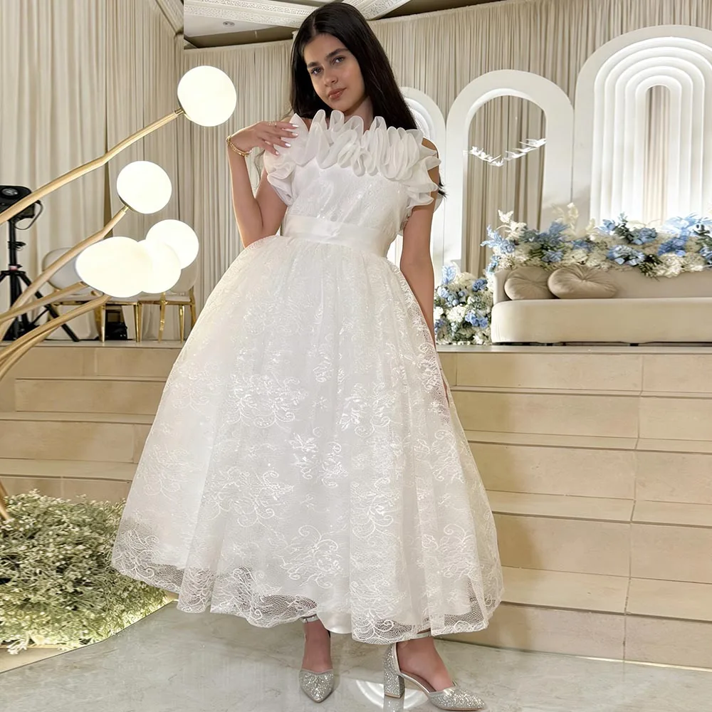 

White Chic Flower Girl Dresses Lace Dress For Girls Puffy Birthday Dress Off-Shoulder Girl Princess Dress Cute Kids' Dresses