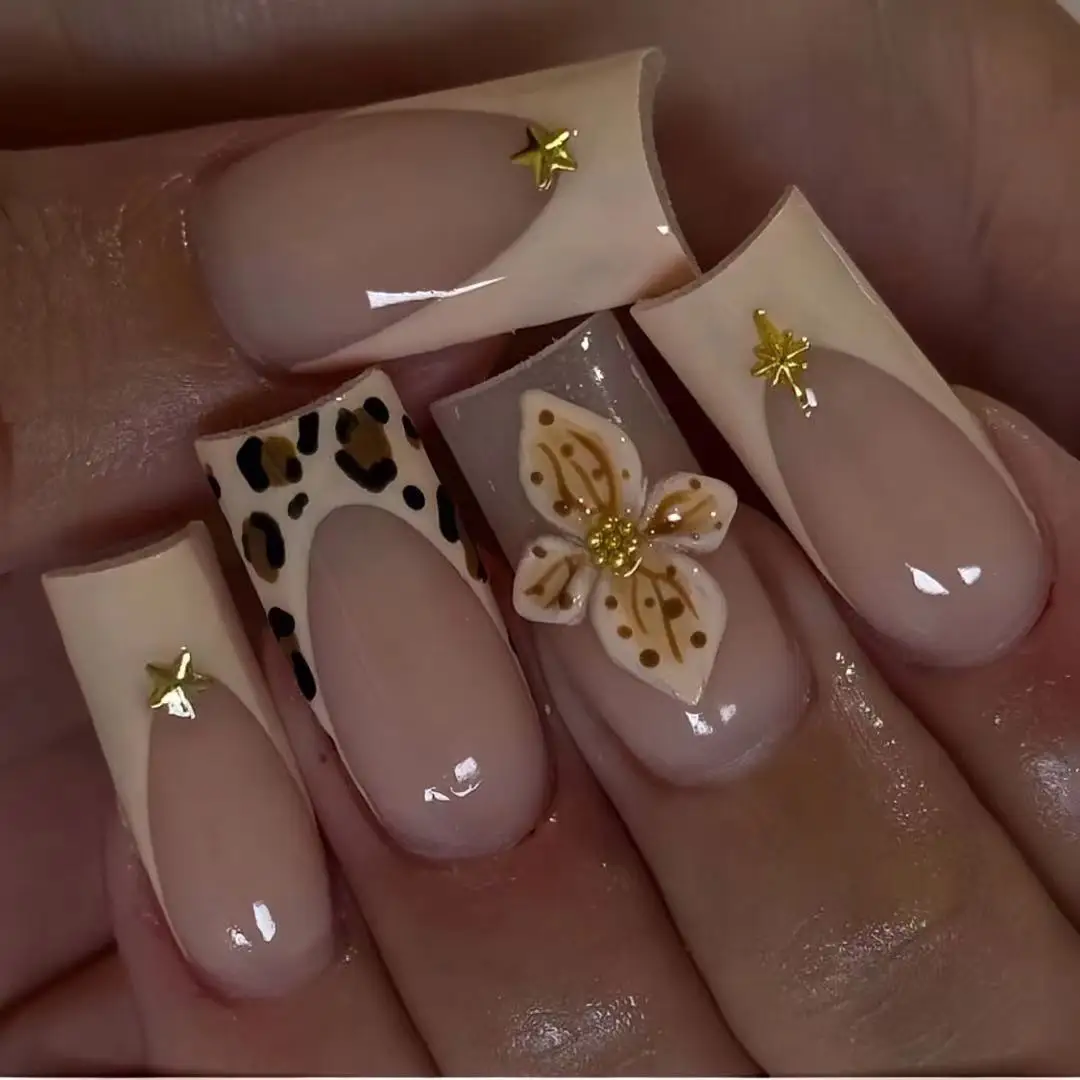 

24Pcs Mid-length Square Head French False Nails Press on 3D Flower Design Full Cover Nails Tips Leopard Print Reusable Fake Nail