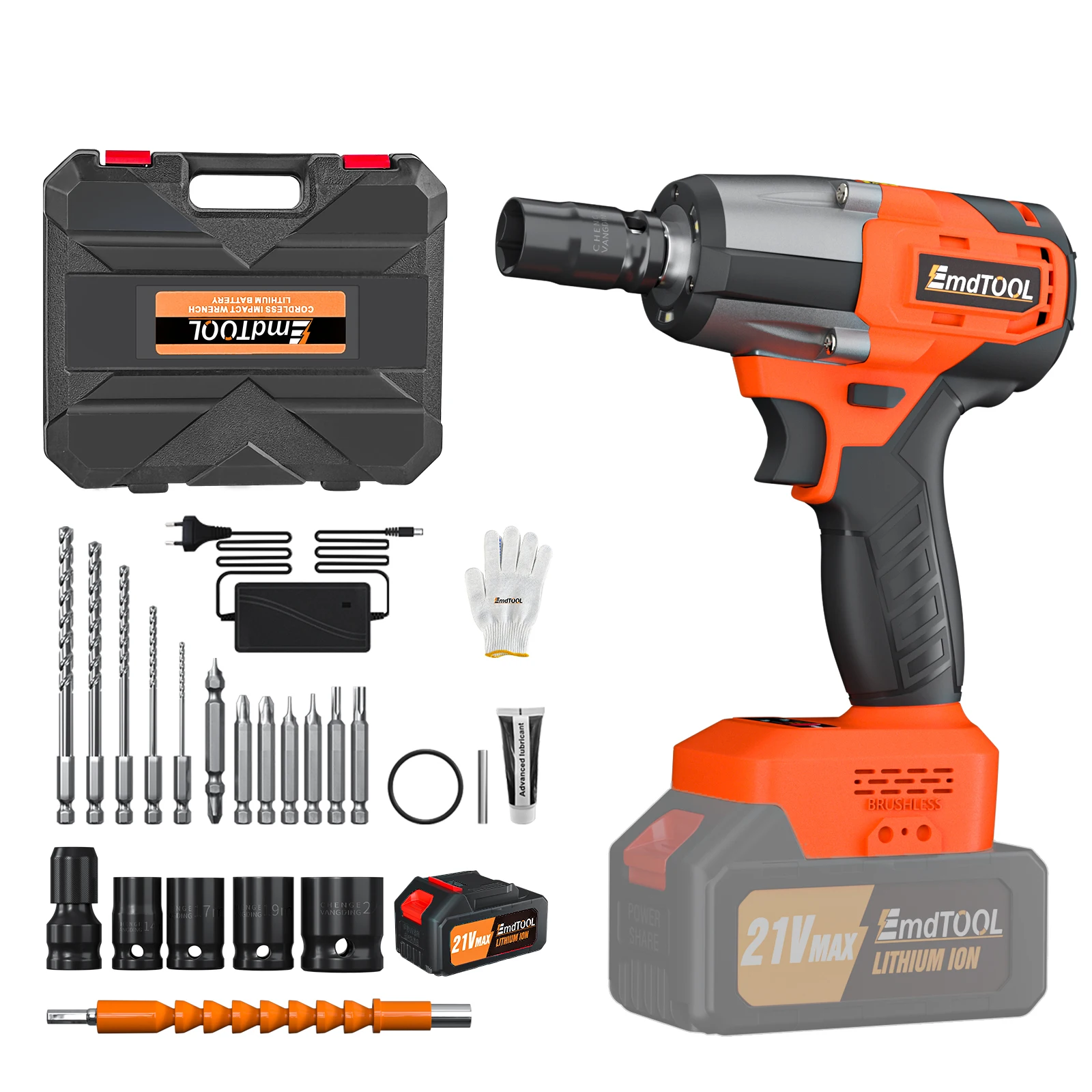 EMDTOOL 1/2 inch Cordless Brushless Impact Wrench, Variable Speed 3200rpm, Max Torque 1500Nm with 4 Socket Sets Impact Gun