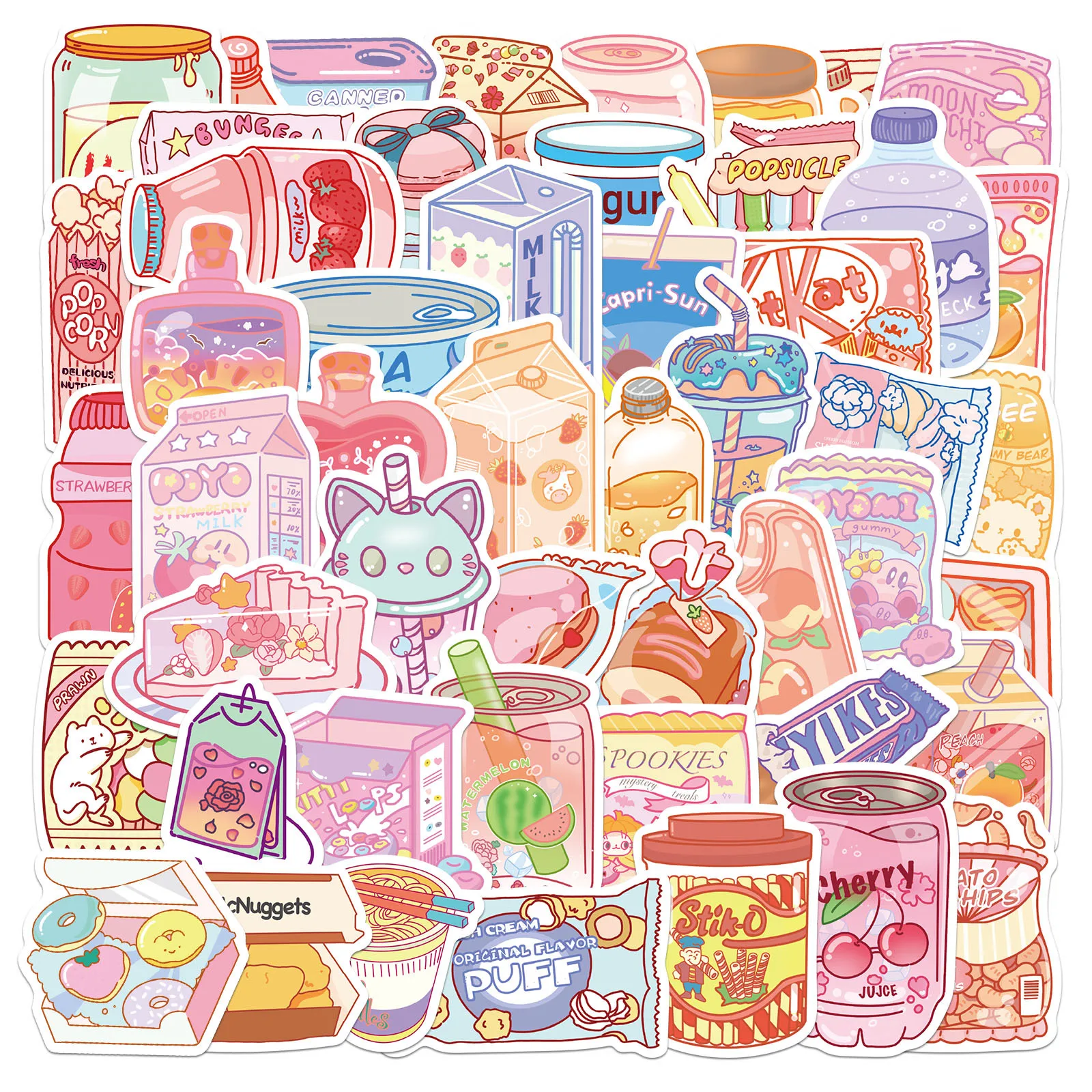 

10/30/50PCS Korean INS Style Pink Cartoon Food Snacks Stickers Cute Decals Luggage Skateboard DIY Graffiti Girl Gradient Sticker