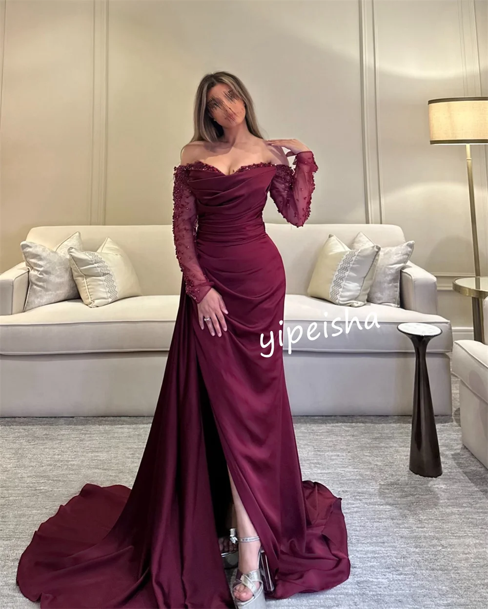 Customized Sparkle Sequined Pleat Trumpet Off-the-shoulder Long Dresses Evening Dresses Classic Formal High Quality Exquisite