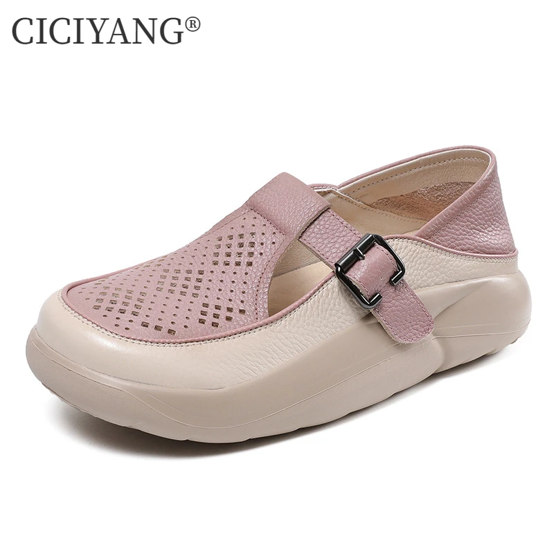 

CICIYANG Women Mary Jane Casual Shoes Genuine Leather 2024 Summer New Openwork Swing Shoes Chunky Platform Ladies Casual Sandals