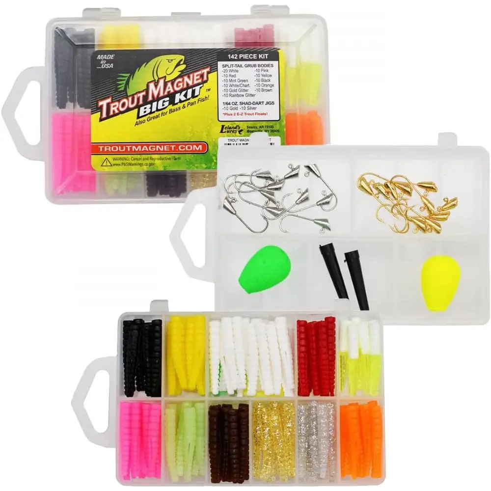 

142-Piece Premium Trout Fishing Kit: 120 Neon Grubs, 20 Hooks, 2 Floats for Fresh & Saltwater