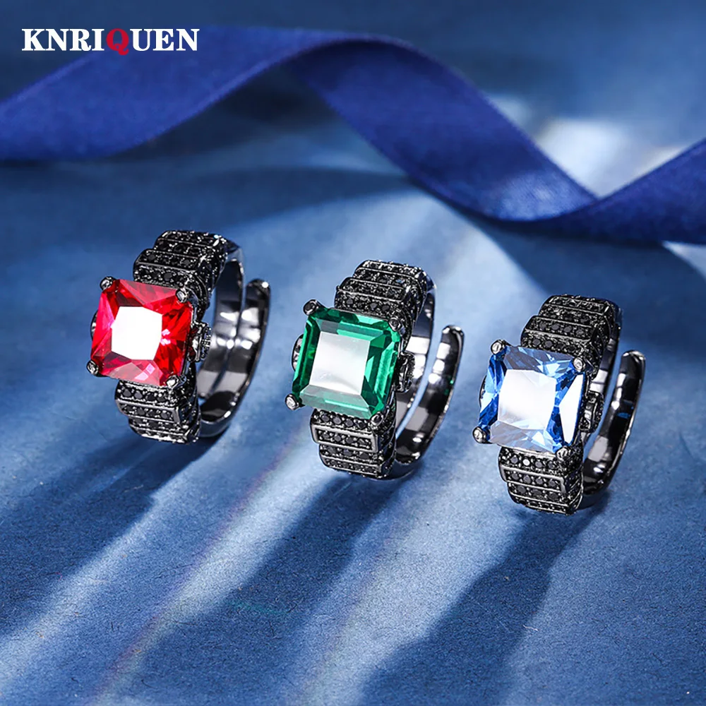 

2024 New Retro 10*10MM Ruby Sapphire Emerald Ring Gemstone Cocktail Party Fine Jewelry Black Personality Ring for Women Gifts