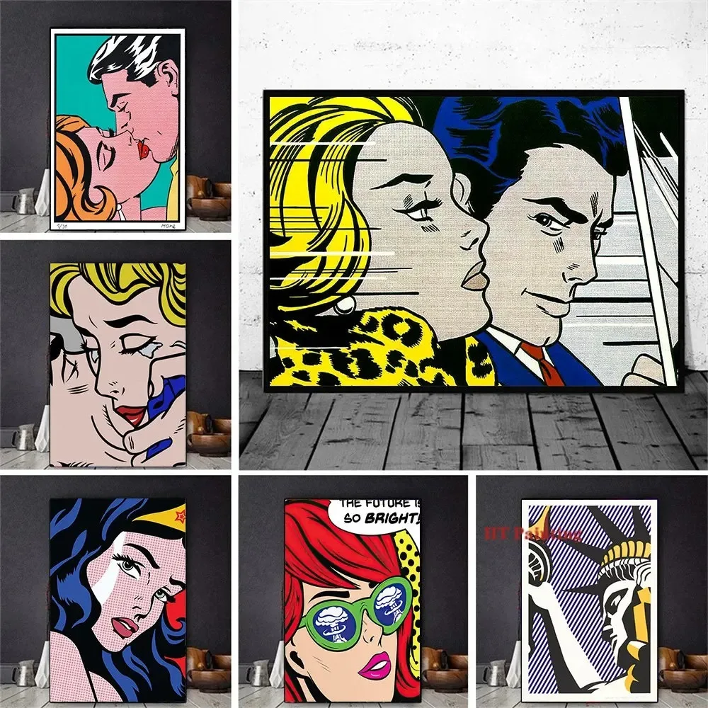 Roy Lichtenstein Pop Art Cartoon Kiss Couple Anime Sexy Girl Poster Canvas Painting Wall Art Pictures Hallway Home Decor