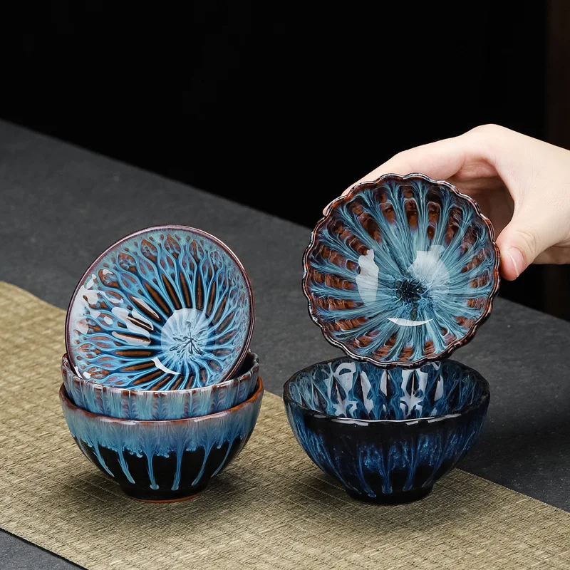 Cuenco de té Jian Zhan con borde Floral, taza maestra Personal de cerámica esmaltada con variación de horno para beber té Gongfu, regalo de meditación Zen