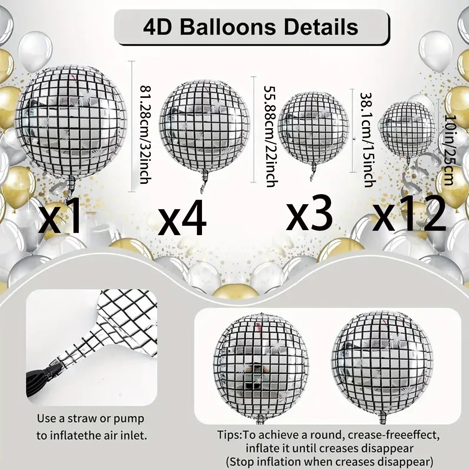Silberne Disco-Ballons eignen sich für Geburtstagsfeiern, Jubiläen, 70er- und 80er-Jahre-Themenveranstaltungen, Cocktailpartys und Tänze. – Detail 3
