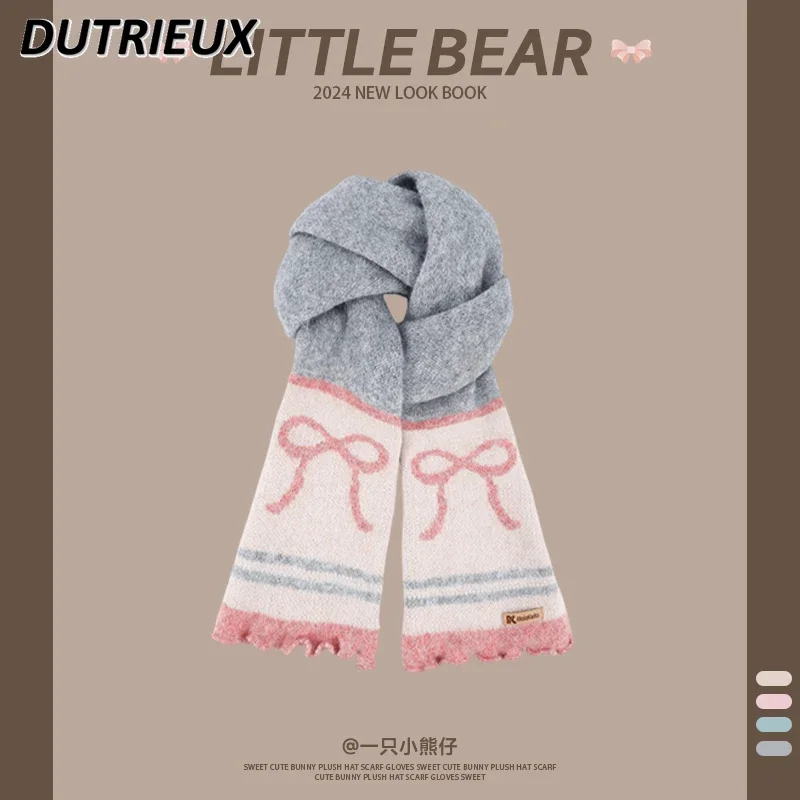 Japanese Style Sweet Girls Bow Wool Knitted Scarf Women's Autumn and Winter Senior Sense New Atmosphere Color Matching Scarf