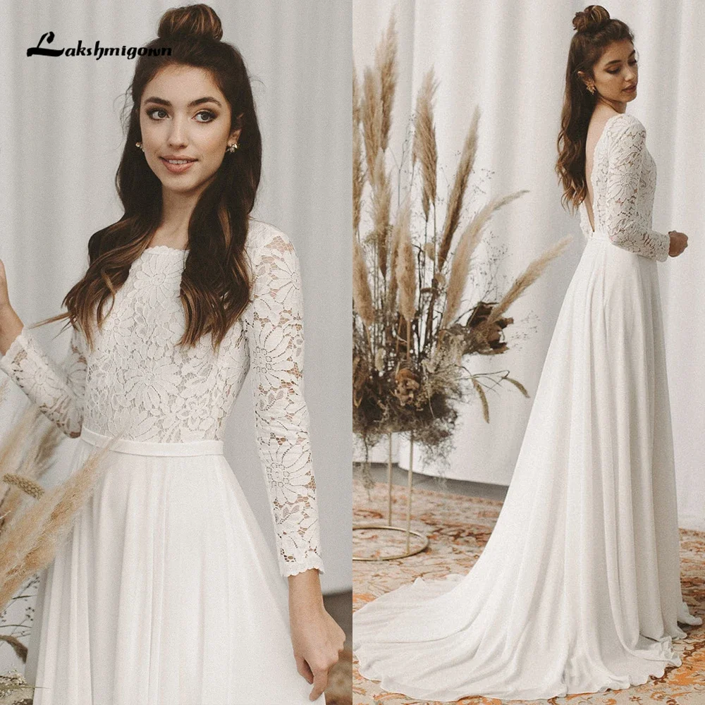 2025 Boho O-Collo In Pizzo Maniche Lunghe Sexy Aperto Indietro Chiffon Una Linea Abito Da Sposa Semplici Abiti Da Sposa Sweep Abiti Da Sposa Robe