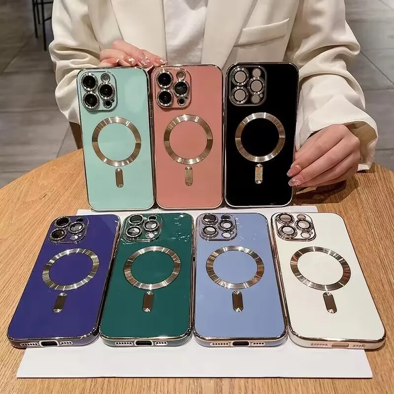 Luxury Electroplated For Magnetic Wireless Charging Case For iPhone 15 14 13 12 11 Pro Max Plus With Camera Lens Protecto Cover image 5