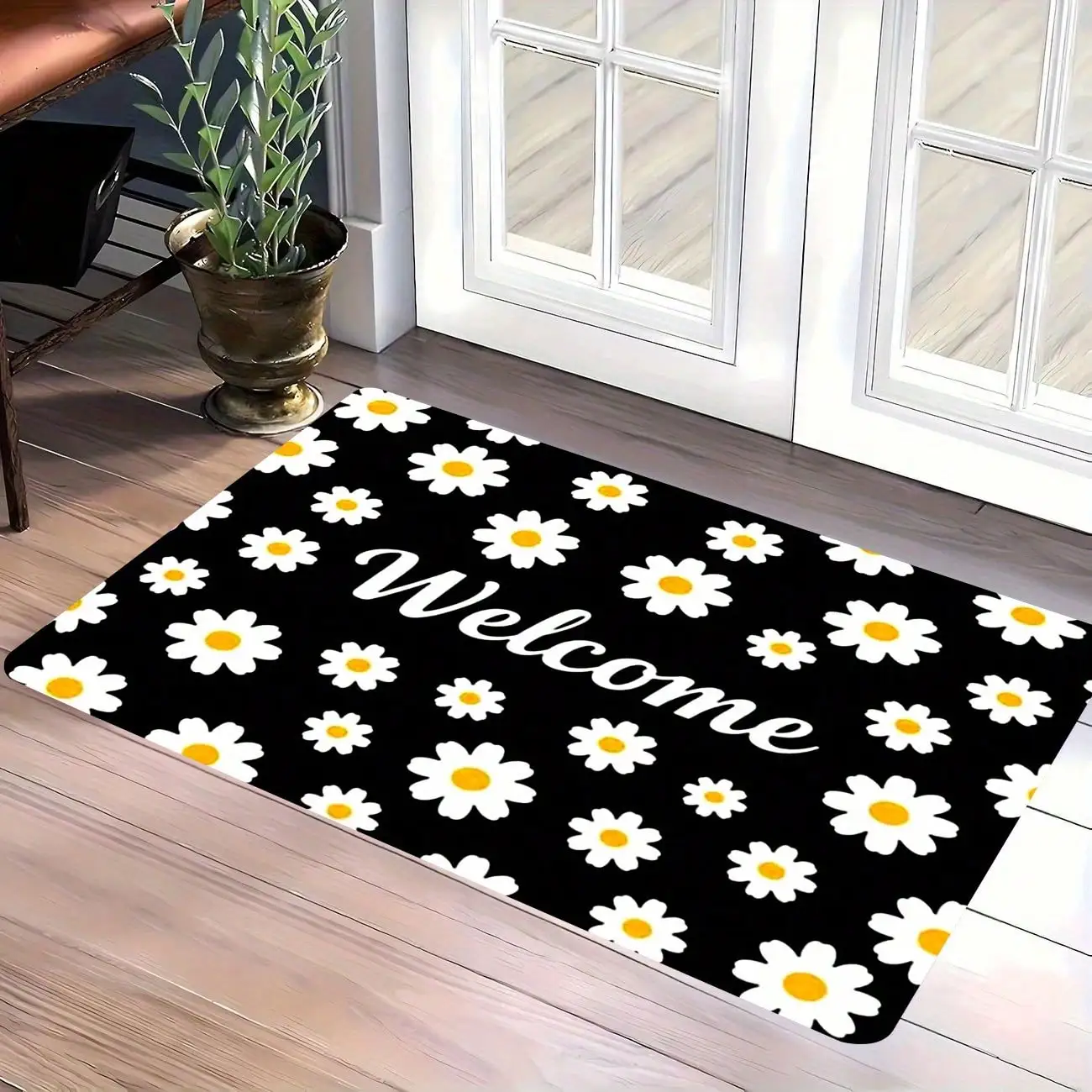 1pc Spring Decoration Doormat Black With White Daisy Print, Washable Outdoor Door Non-Slip Welcome Spring Decor, Home Entrance, Bedroom, Bathroom, Kitchen, Room