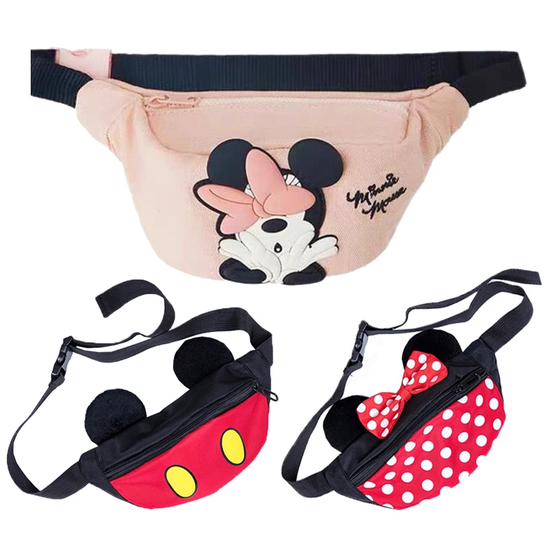 Disney Mickey Minnie Mouse Waist Bag Children\'s Mini Pink Canvas Shoulder Bag Plastic Avatar Cute Crossbody Small Waist Bag