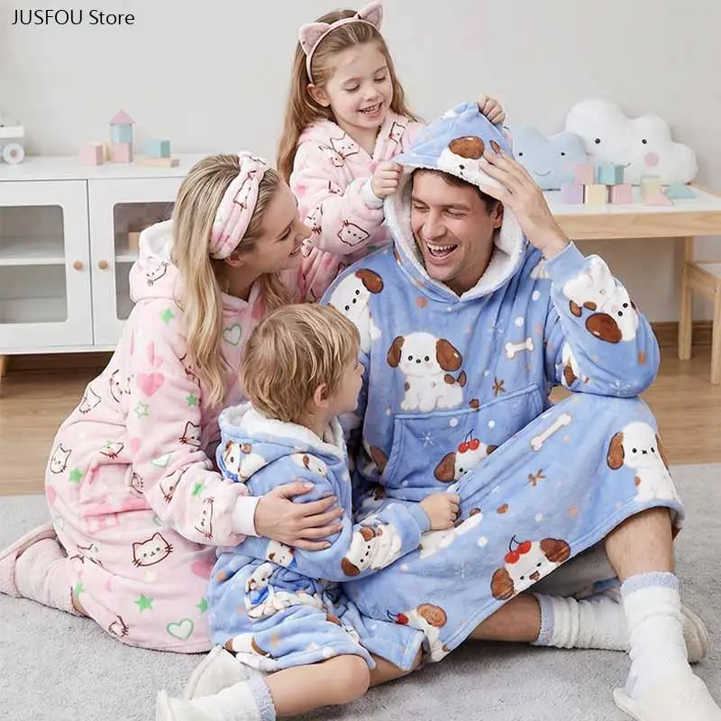 Kids & Adults Family Hooded Robe, Autumn Winter Flannel Fleece Lined Thick Warm Home Robes, Cartoon Print Sleepwear