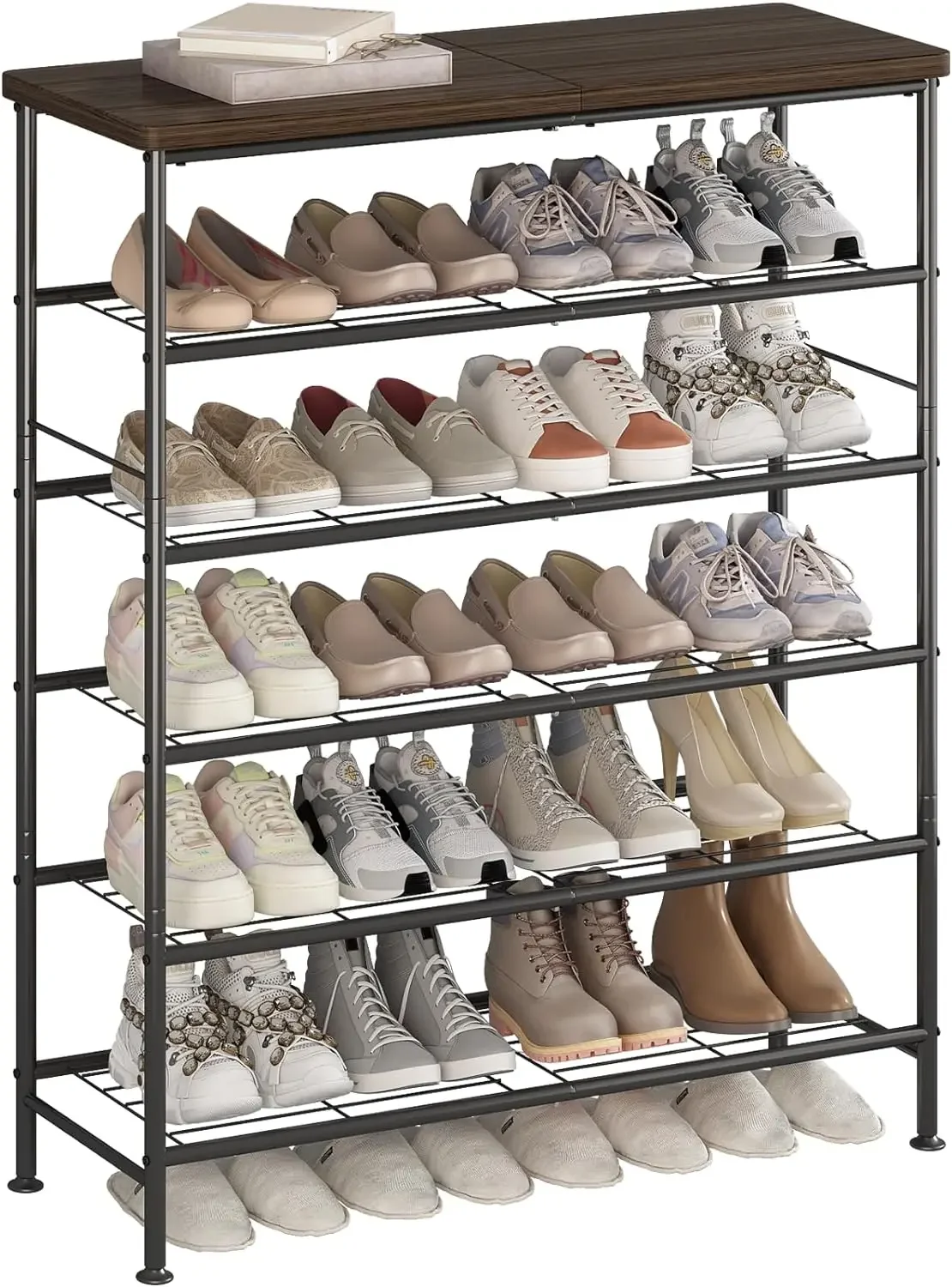 

Shoe Rack Organizer 6 Tier for Closet Entryway Free Standing Metal Storage Shoe Shelf with MDF Top Board，Black