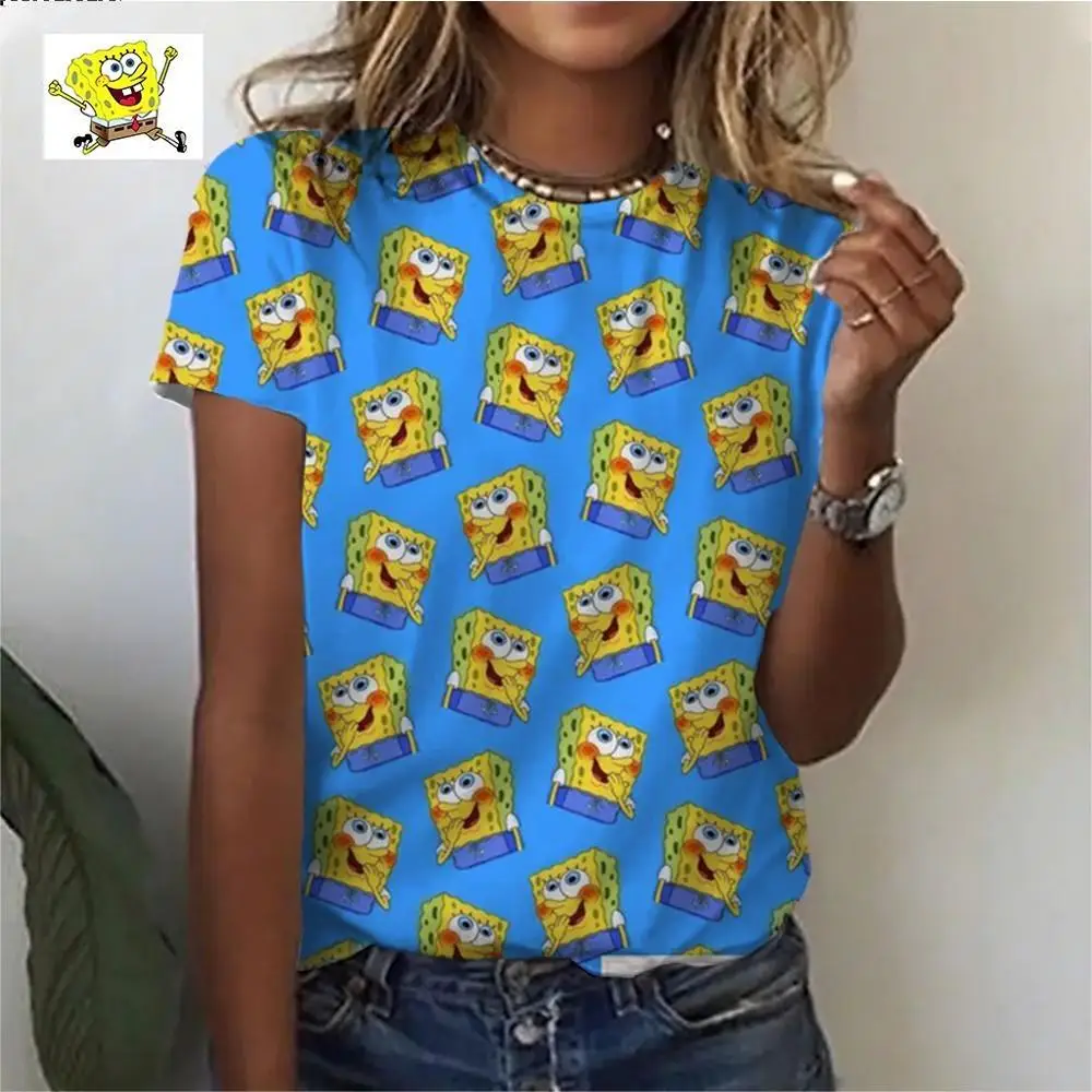 Fashionable and elegant ladies short-sleeved T-shirt 2024 Disney Spongebob cute 3D digital printed O-neck shirt