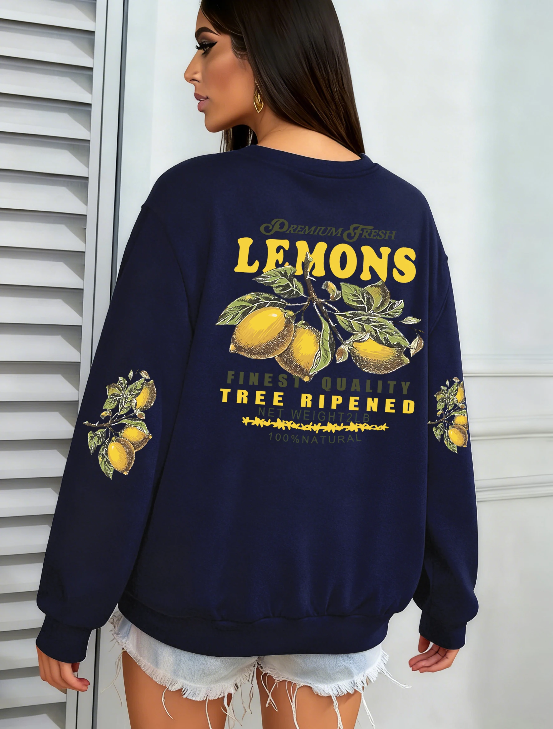 

Пуловер премиум-класса с принтом свежих лимонов и фруктов, женский флисовый свитшот с круглым вырезом, осенняя одежда для бега, свободная уличная одежда в стиле хип-хоп