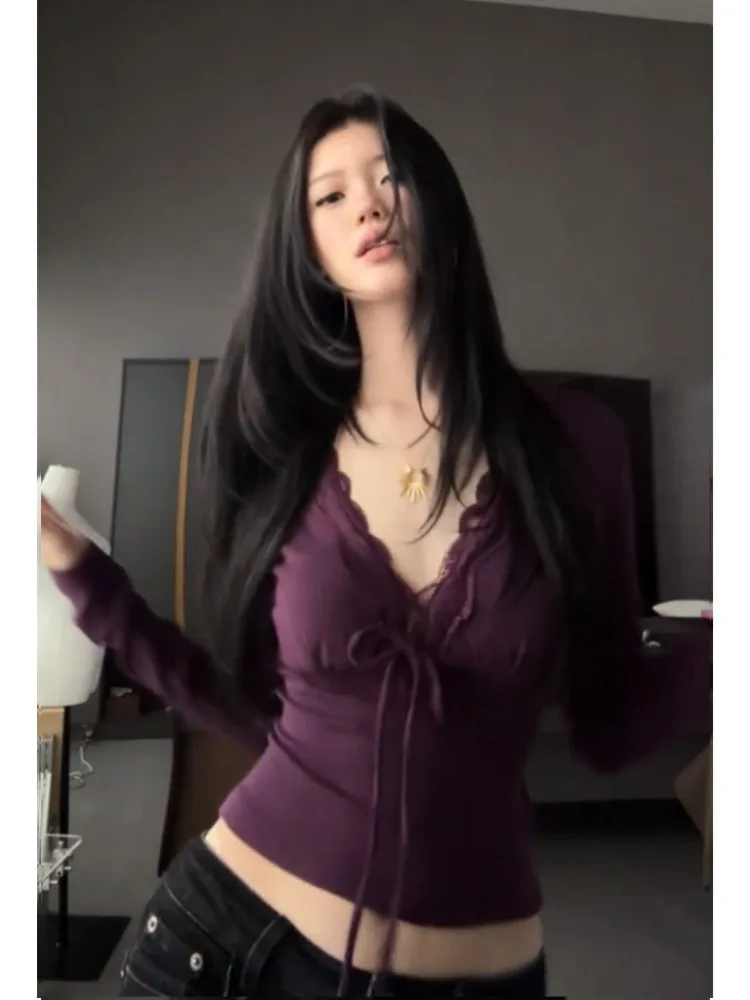 Purple V Neck Lace Up Long Sleeve T-shirt Women 2026 Autumn Sexy Patchwork Lace Slim Waist Crop Top Y2k Aesthetic Tees