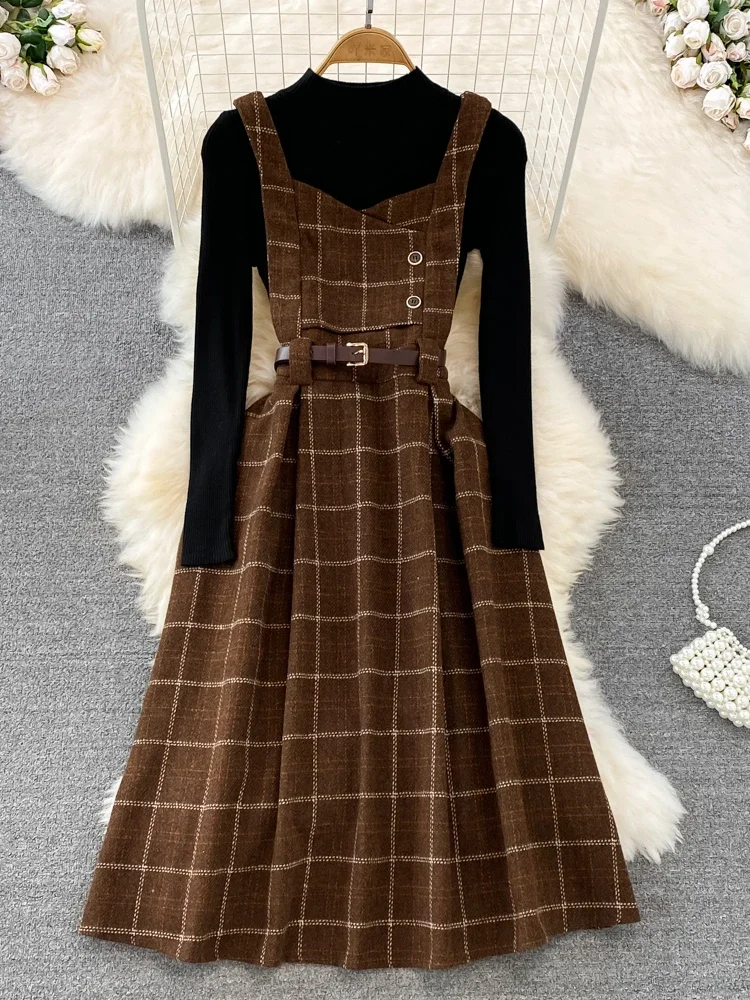 2024 Vintage Korean Two Piece Set Dress Women Autumn Winter Plaid Woolen Spaghetti Strap Dress With Belt Long Sundress Vestidos