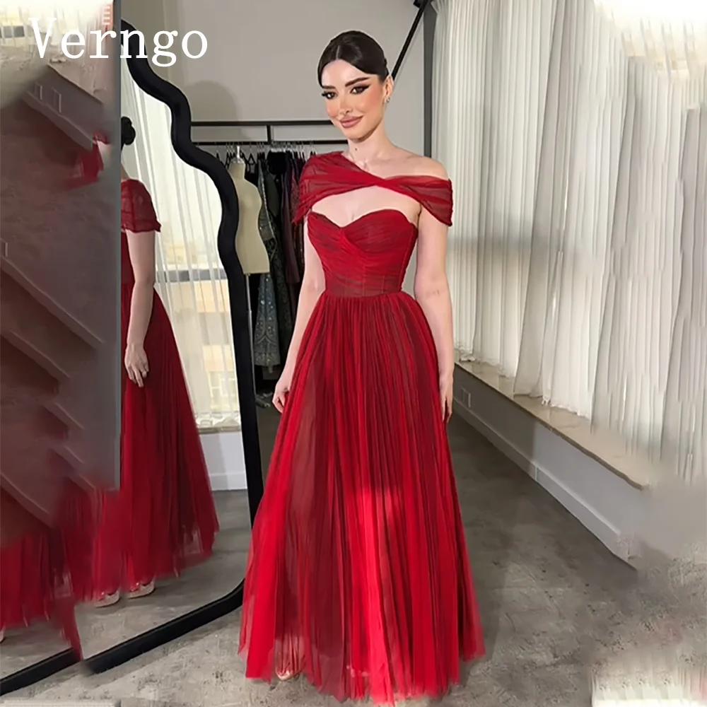 Verngo Red Tulle Prom Gown Simple A Line Party Dress For Women Floor Length Zipper Formal Occasion Dress