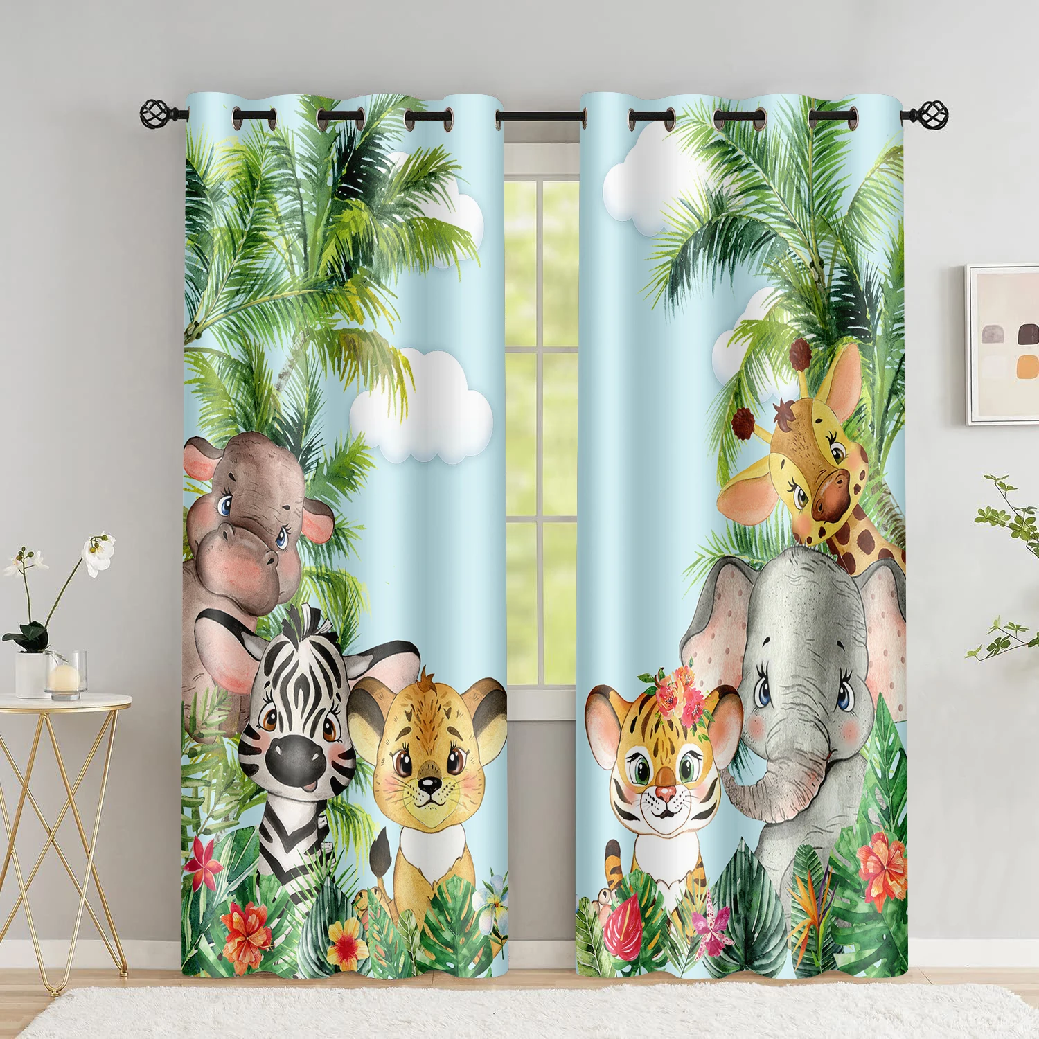 2pcs Safari Animals Window Curtain Cartoon Jungle Forest Print Curtains Home Decor Drapes for Baby Children Bedroom Living Room