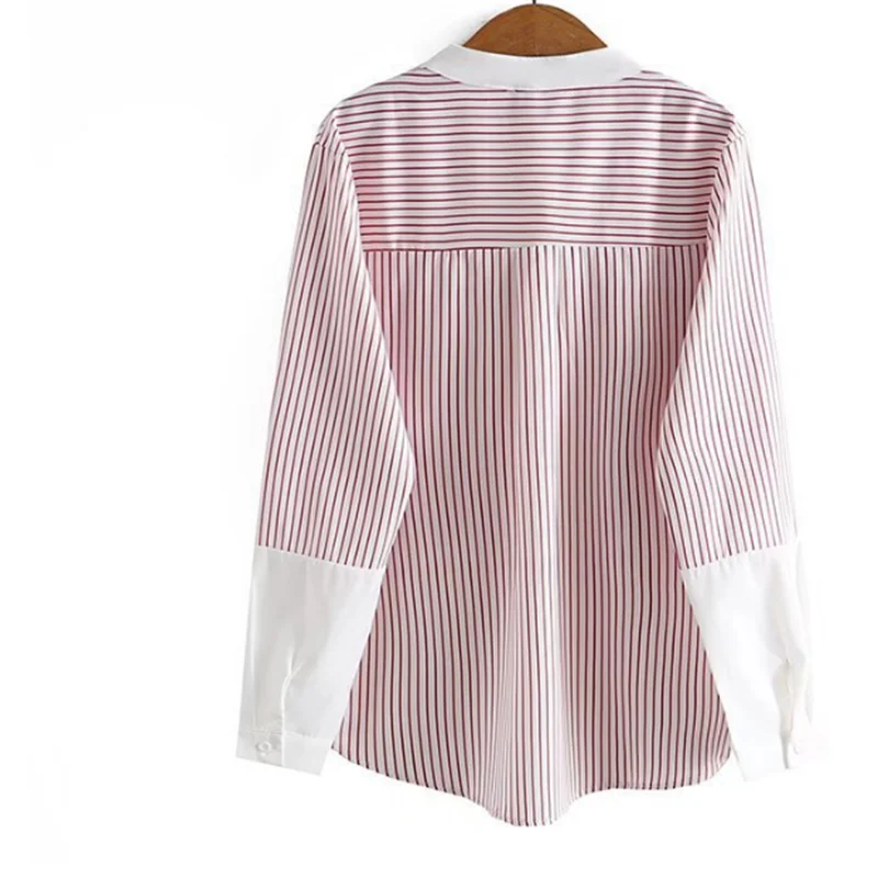 Plus-Size Women's Spring 2022 New Striped Patchwork Round Collar Mid-Length Long-Sleeve Shirt 156