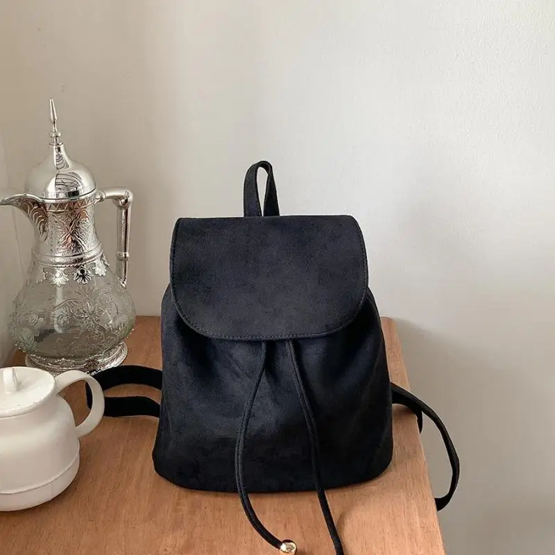 Vintage Suede Flap Drawstring Backpack Ins New Fashion Student Small Bagpack Matte Solid Color Female Travel Bags Rucksack Sac