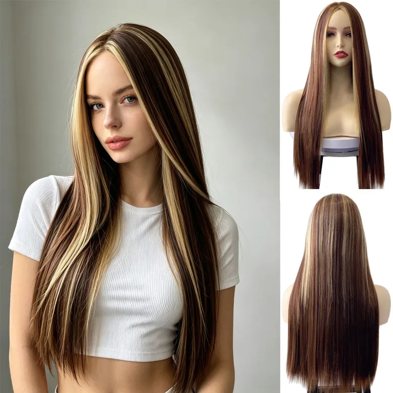 Women's wig, European and American fashion, gradient color, middle parting, highlights, long straight hair, brown-gold synthetic