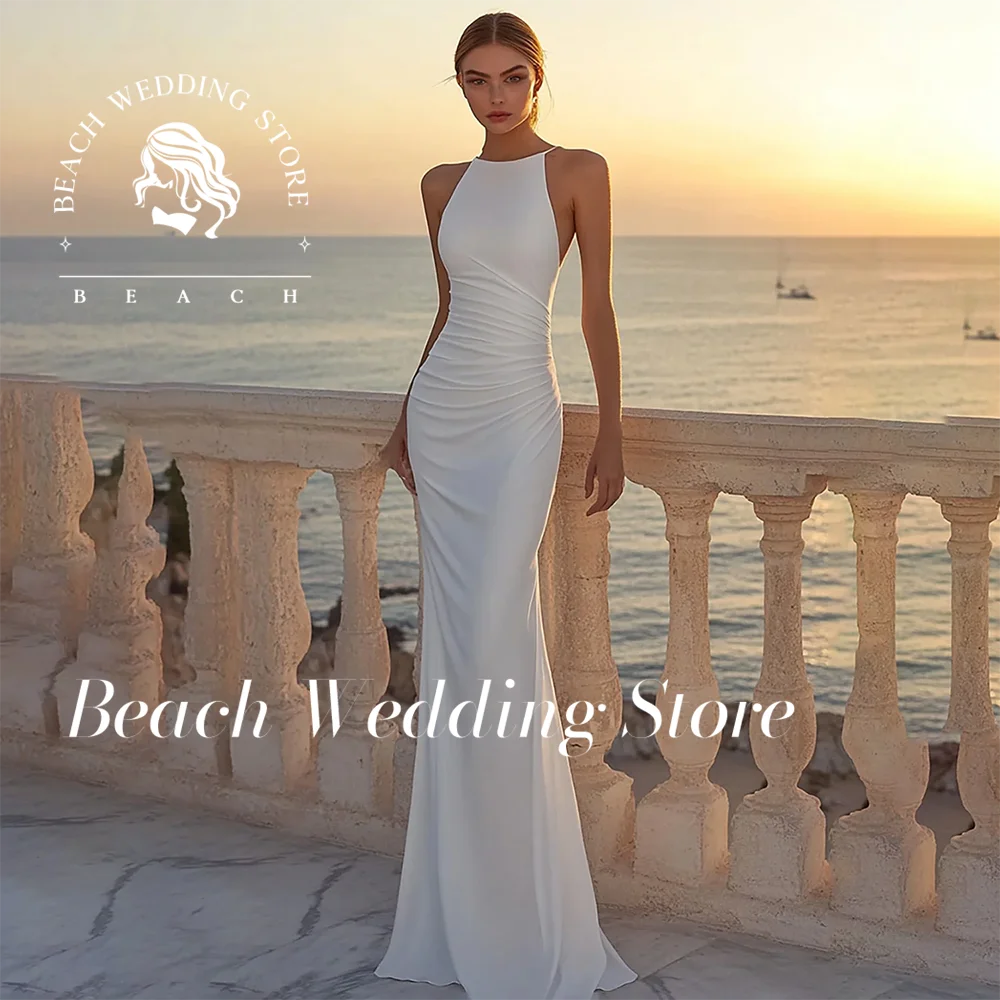

Beach 2025 O-Neck Simple Sleeveless Backless Floor Length Mermaid Mordern Wedding Dress Elegant Vestidos De Novia Customized