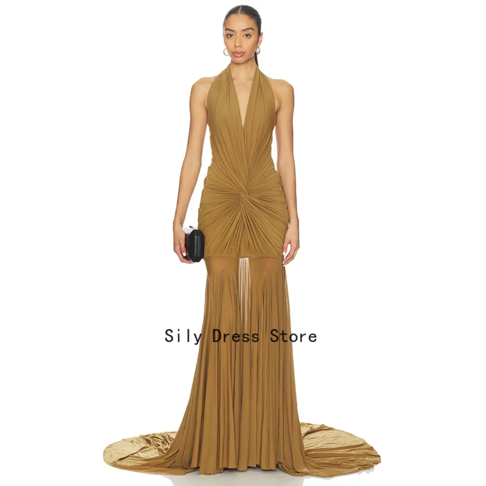 Maßgeschneiderte Neckholder-Illusions-Abendkleider Gelbes Modisches Maxi-Partykleid Langes Elegantes Modernes Formelles Ballkleid für Damen 2026 – Detail 2