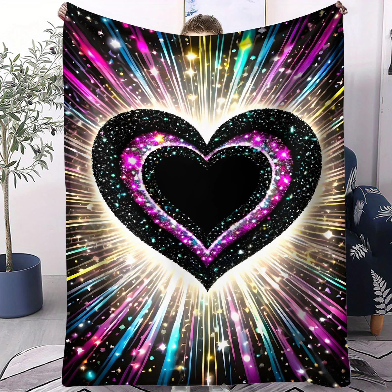 

Мягкое одеяло с радужным сердцем и туманностью - флисовое покрывало на тему космического свечения для гостиной, спальни, домашнего декора, пары, взрослые, уютный подарок