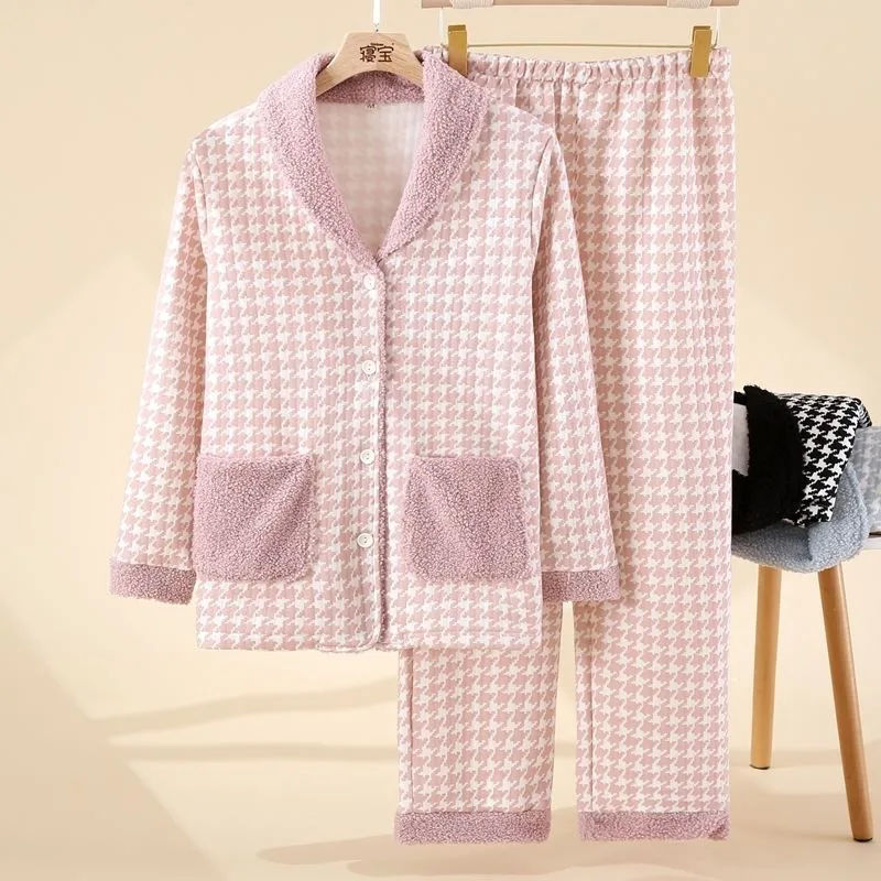 2024 New Houndstooth Air Cotton Pajamas Women Autumn Winter Pure Cotton Sleepwear Thickened Cardigan Warm V-neck Homewear Set