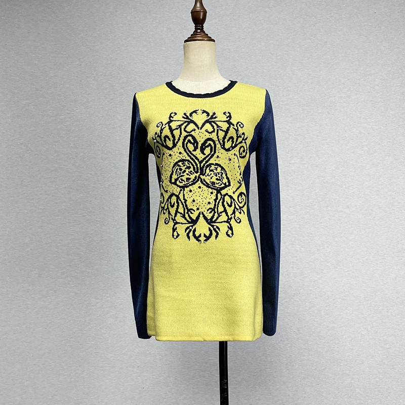 

Ele Long Sve Knitted Sweater Women's Mid-Length Slim Fit Embroidered Glitter Flower Base irt Spring Autumn Winter