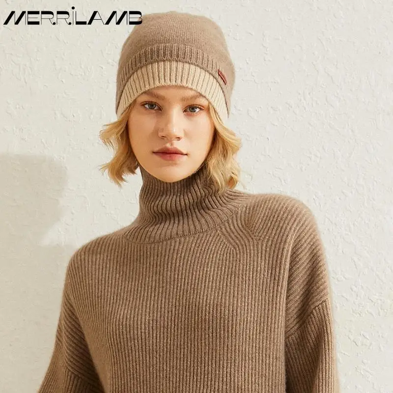 MERRILAMB 100% Cashmere Hat Women Winter Thickened Warm Earmuffs Hood Caps Pile Caps Female Knitted Hats