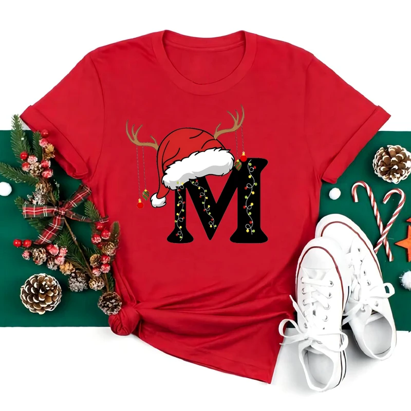 

New 26 A~Z Christmas Alphabet T Shirt Women Casual Fashion T-shirt Short Sleeve Christmas Party Aesthetics Red loose T-shirt Top