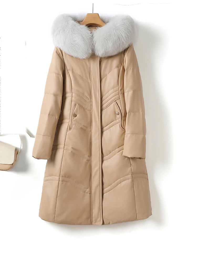 Women‘s Mid-Length Leather Hooded Down Coat Winter New Warm Thick Fur Collar Windproof Thermal Trench White Duck Down Coat