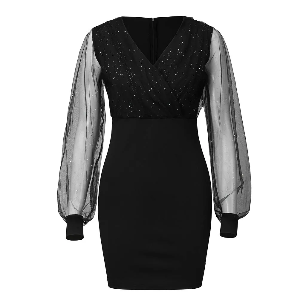 Vintage Black Dress Women Sequins Beading Sexy Autumn Dress Mesh Stitching Bodycon Elegant Mini Party Dresses Sukienki Vestidos