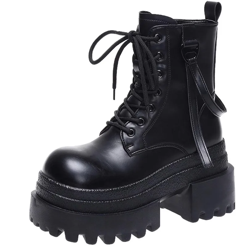 

Новые женские ботильоны на высокой платформе 9 см, зимние теплые массивные зимние туфли, кроссовки на шнуровке, женские кожаные мотоциклетные ботинки Botas Mujer