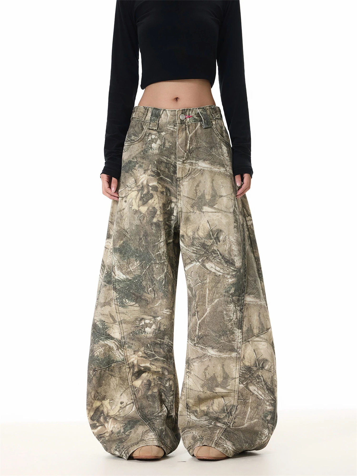 Vaqueros de pierna ancha con estampado de camuflaje para mujer, pantalones de calle informales Vintage con bordado rosa de cintura alta, novedad de 2025