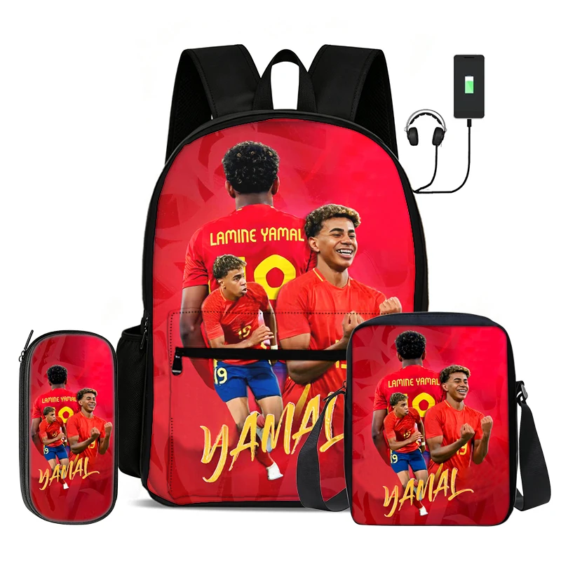 Learn, Travel Football Sport Rucksack L-Lamin Yamal 3 Pcs Set Kids Backpack Shoulder Bag, Pencil Bag, Football Star Knapsack