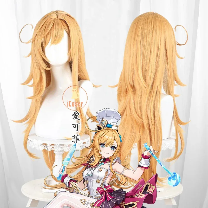 ICoser Genshin تأثير Escoffier شعر مستعار تأثيري برتقالي طويل الشعر Ousia Fontaine التميز بطعم جيد حفلة الهالوين للنساء أ