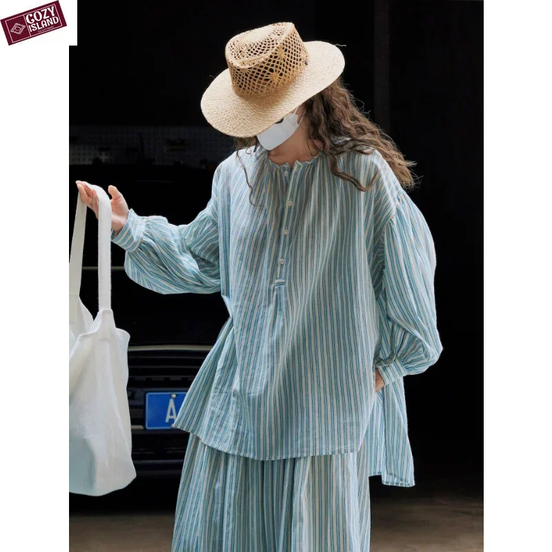

Летние свободные полосатые рубашки, пуловеры, топы из 100% хлопка, женские солнцезащитные рубашки с рукавами-фонариками, удобные тонкие повседневные рубашки в японском стиле