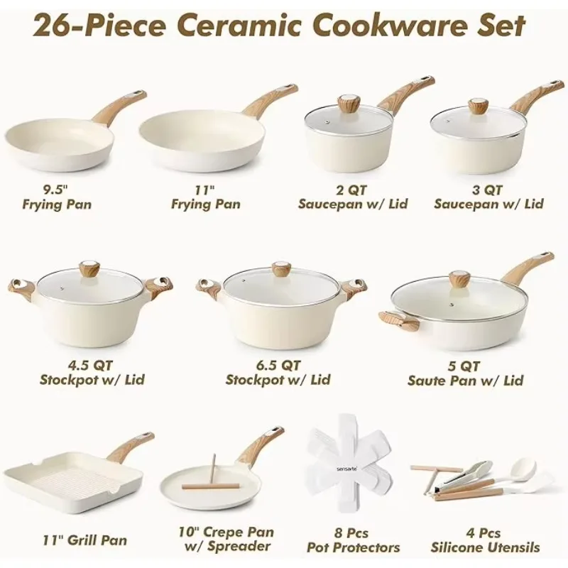 Ceramic White Kitchen Saute Pans and Pots Non Stick Camping Cooking Tool Cookware Sets 2