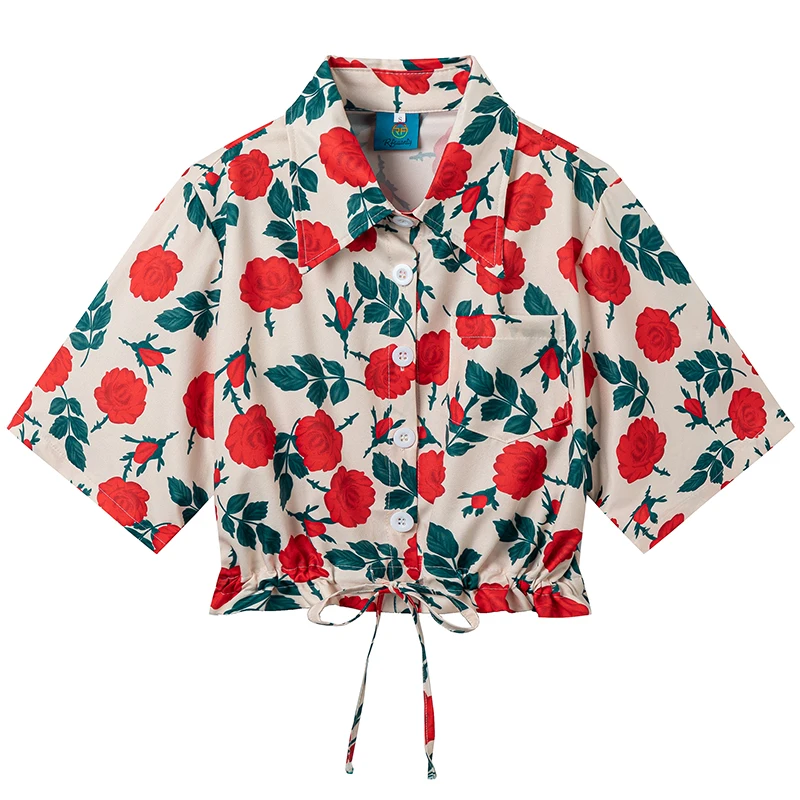 Camisa feminina com botões florais, camisa rosa havaiana de praia, tops casuais de cintura fina com renda, blusas kawaii, blusa curta, verão 2024