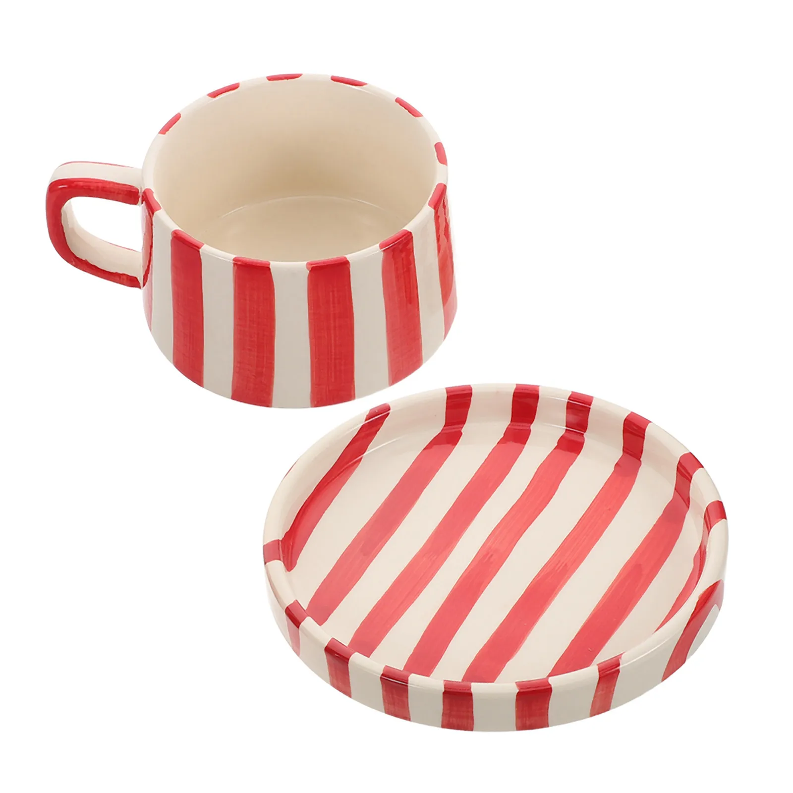 1Set Ceramic Coffee Cup Striped Art Latte Cappuccino Mug Saucer Set Office Tea Time Mug with Plate