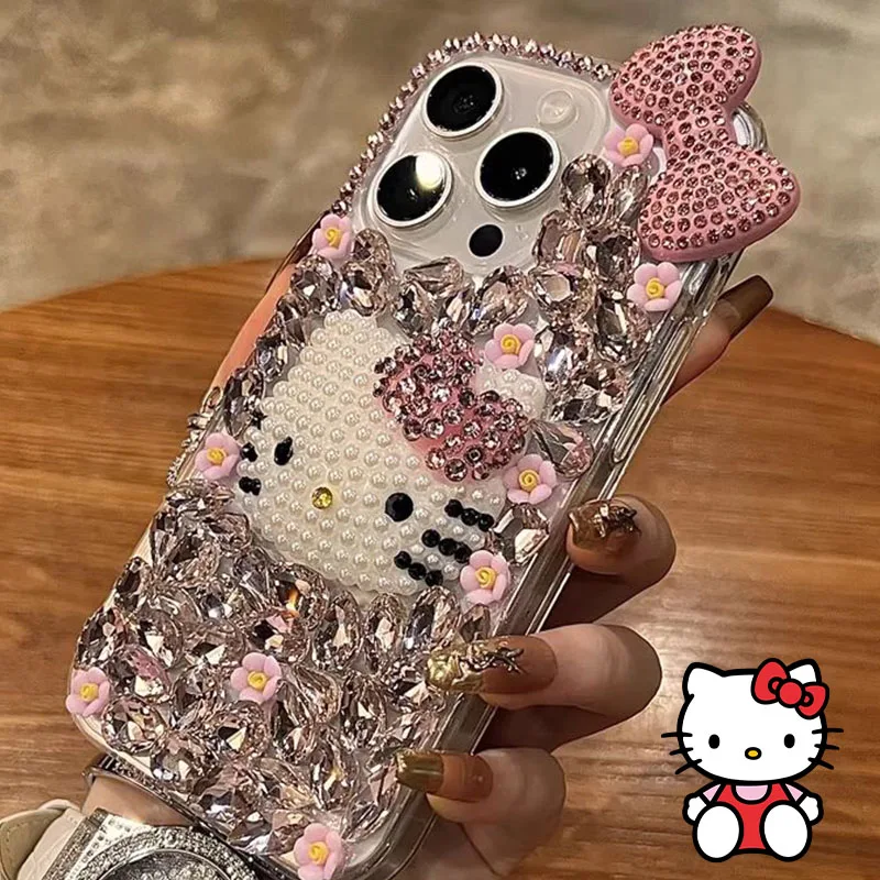 

Sanrios Hello Kittys Bling Glitter Diamond Custom Case for Iphone 16 15 14 13 Pro Max Max Xs Xr 7 8 Plus Se Protective Case Gift