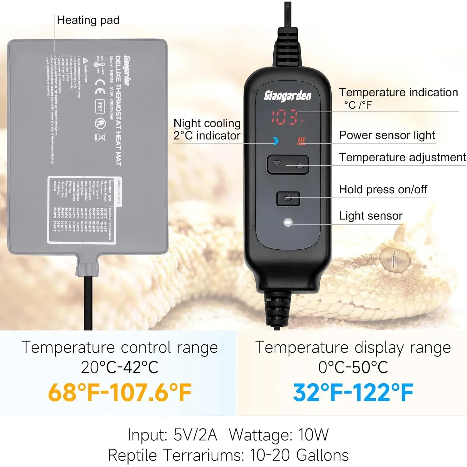 Waterproof Reptile Heating Pad with Temperature Control Lizards Heat Mat for Terrarium under Tank Heater Combo Warming Supplies